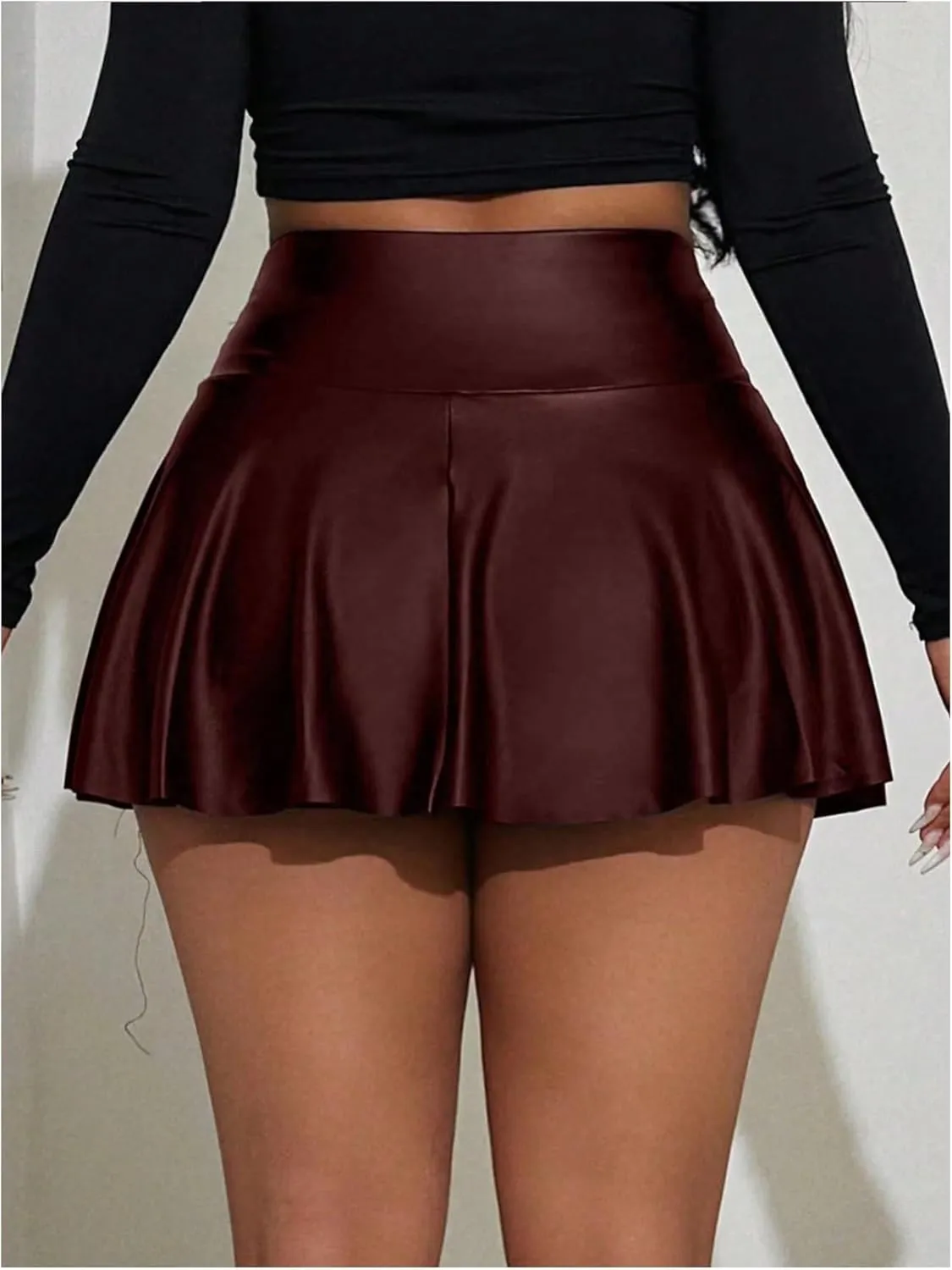 OYOANGLE Women's Pu Leather Elastic High Waist Skorts Ruffle Hem Casual Flared Skirt Shorts