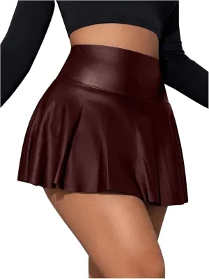 OYOANGLE Women's Pu Leather Elastic High Waist Skorts Ruffle Hem Casual Flared Skirt Shorts