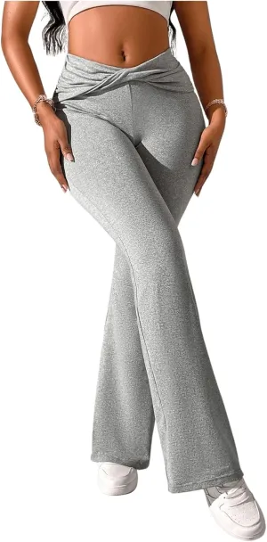 OYOANGLE Women's Twist Front Elastic High Waist Flare Pants Skinny Casual Workout Bell Bottoms Trousers