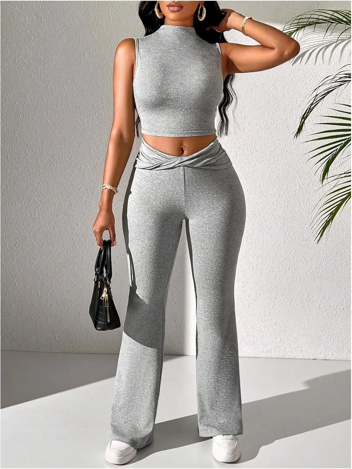 OYOANGLE Women's Twist Front Elastic High Waist Flare Pants Skinny Casual Workout Bell Bottoms Trousers
