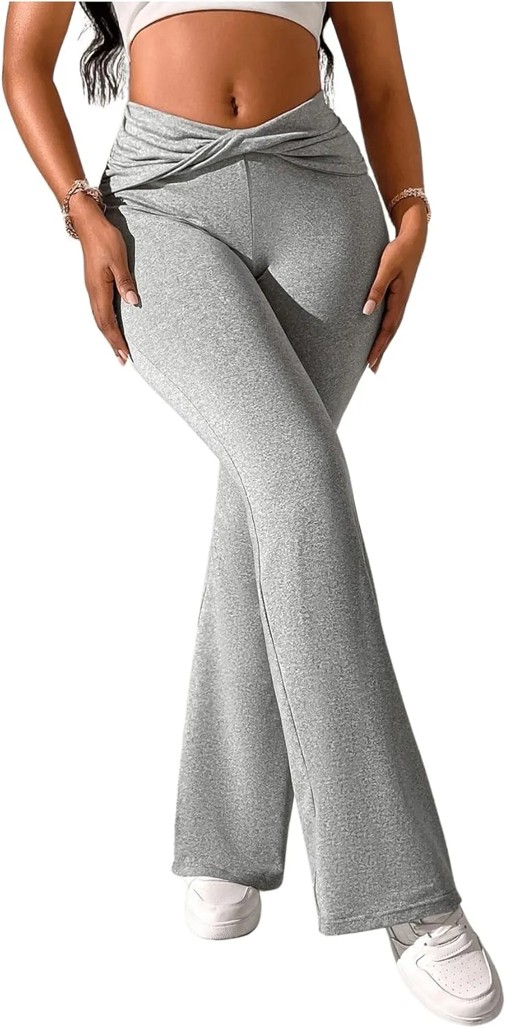 OYOANGLE Women's Twist Front Elastic High Waist Flare Pants Skinny Casual Workout Bell Bottoms Trousers