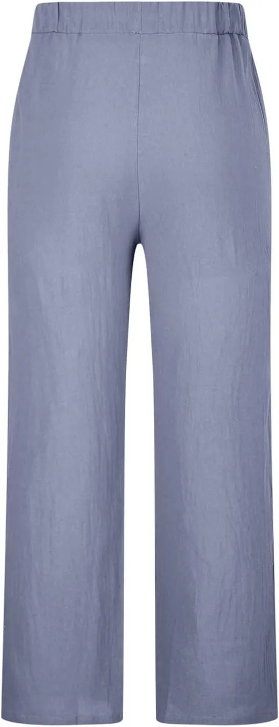 Palm Tree Print Cotton Linen Pants for Mens Slim Fit Straight-Leg Beach Pant Summer Casual Drawstring Trousers
