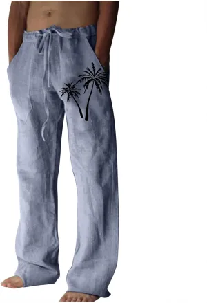 Palm Tree Print Cotton Linen Pants for Mens Slim Fit Straight-Leg Beach Pant Summer Casual Drawstring Trousers