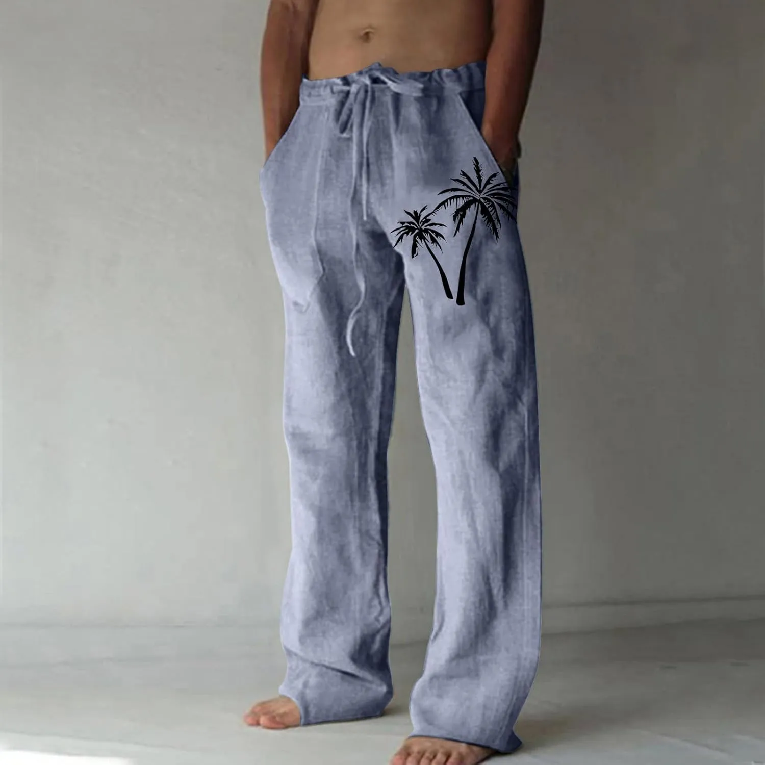 Palm Tree Print Cotton Linen Pants for Mens Slim Fit Straight-Leg Beach Pant Summer Casual Drawstring Trousers