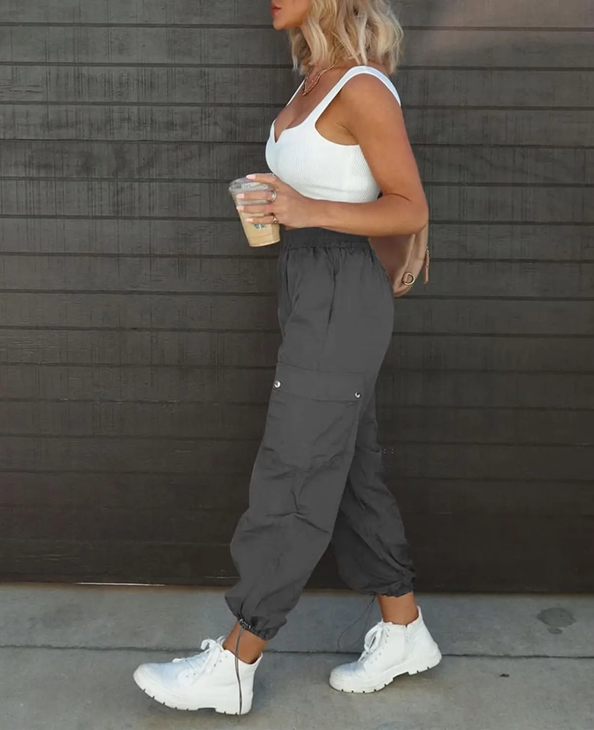 Parachute Pants for Women, Elastic High Waist Y2k Cargo Pants Women Baggy with 4 Pockets