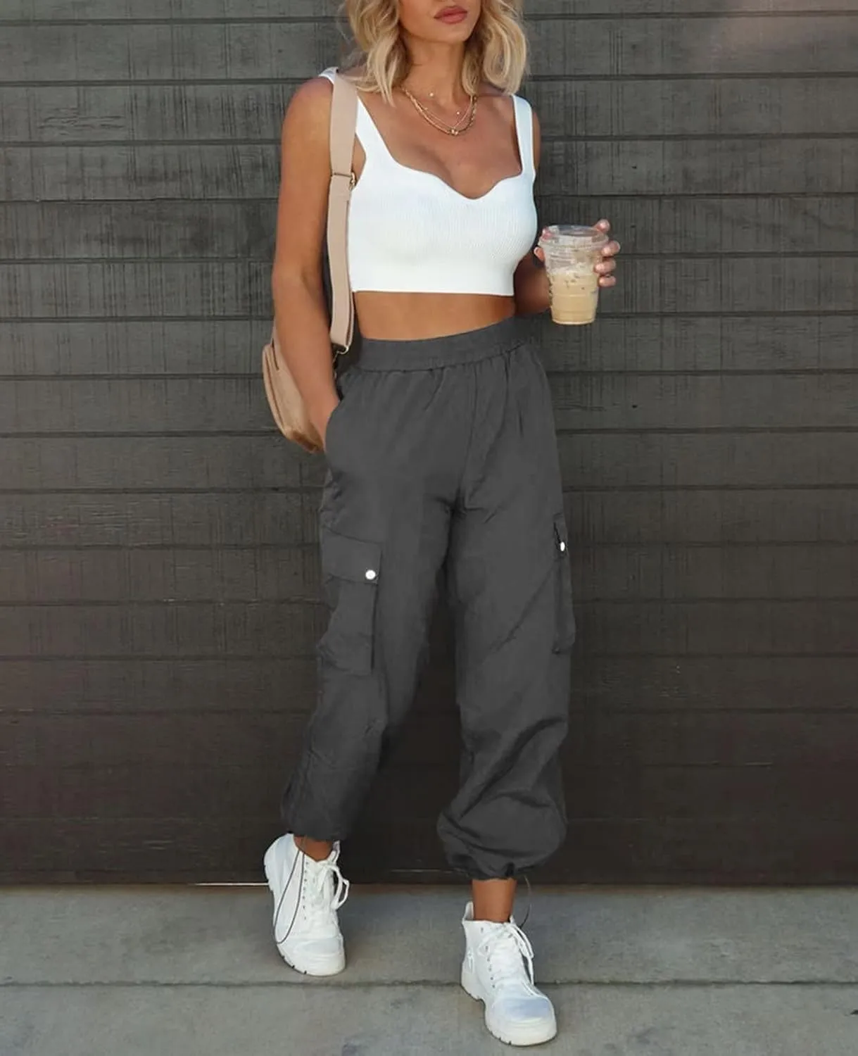 Parachute Pants for Women, Elastic High Waist Y2k Cargo Pants Women Baggy with 4 Pockets