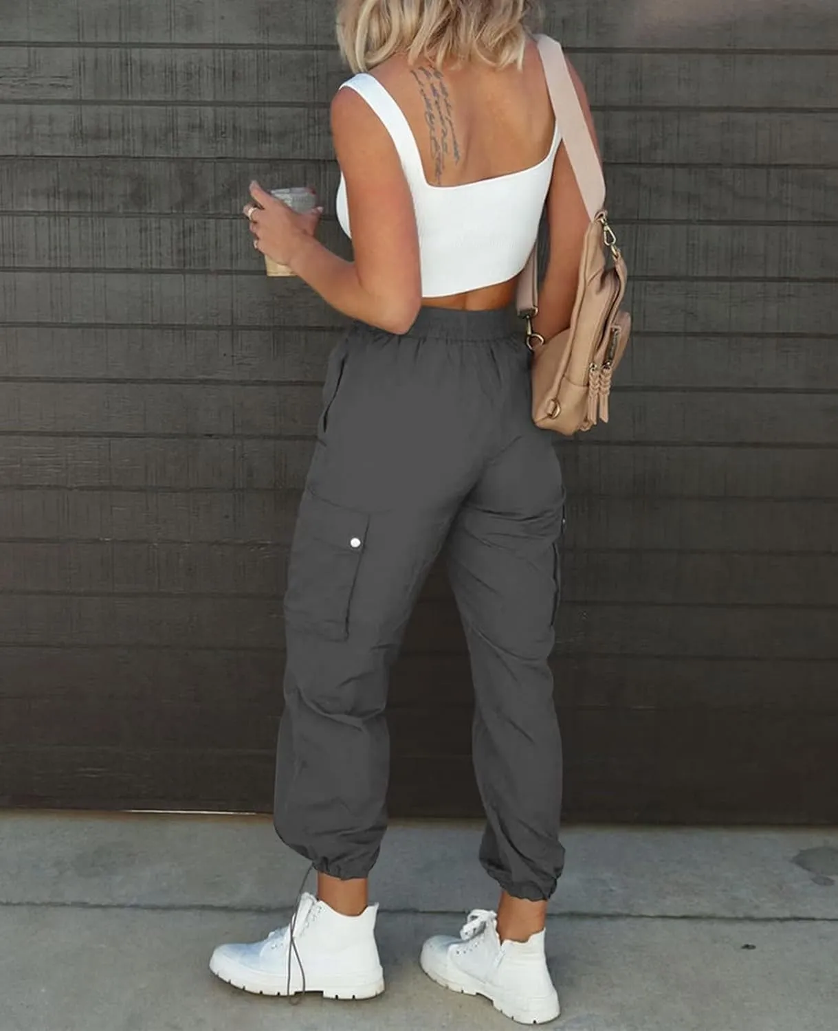 Parachute Pants for Women, Elastic High Waist Y2k Cargo Pants Women Baggy with 4 Pockets
