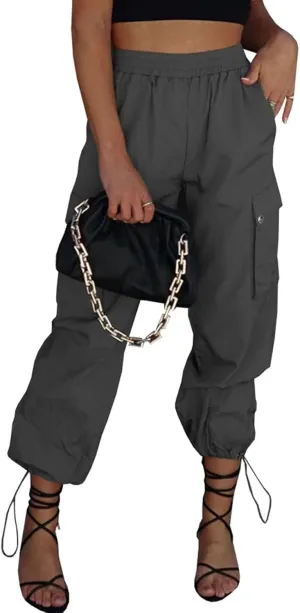 Parachute Pants for Women, Elastic High Waist Y2k Cargo Pants Women Baggy with 4 Pockets