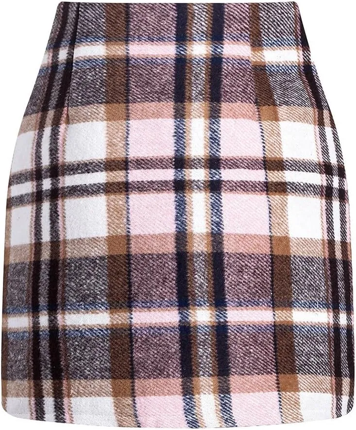 Pencil Skirts for Women Plaid Soft Casual High Waisted Skirt Cotton Linen Slim-Fit Warp Sexy Skirt Tummy Work Skirt
