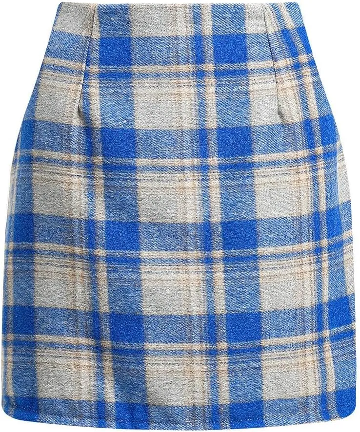 Pencil Skirts for Women Plaid Soft Casual High Waisted Skirt Cotton Linen Slim-Fit Warp Sexy Skirt Tummy Work Skirt