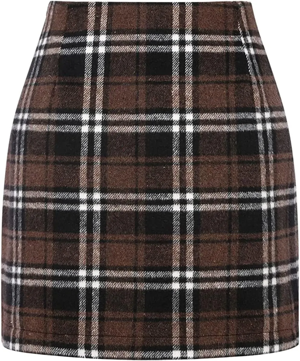 Pencil Skirts for Women Plaid Soft Casual High Waisted Skirt Cotton Linen Slim-Fit Warp Sexy Skirt Tummy Work Skirt
