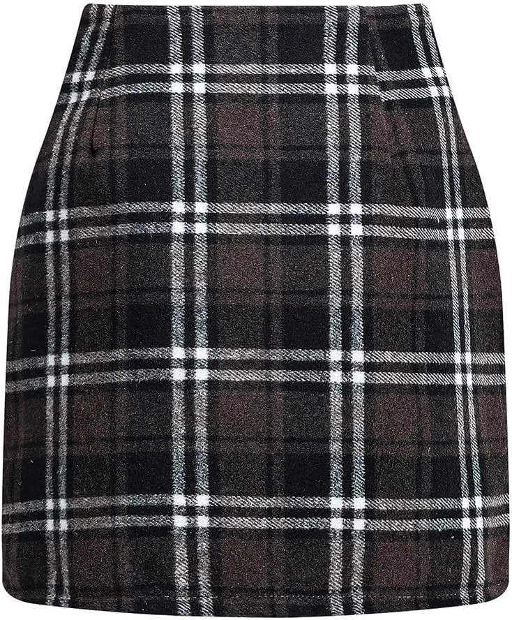 Pencil Skirts for Women Plaid Soft Casual High Waisted Skirt Cotton Linen Slim-Fit Warp Sexy Skirt Tummy Work Skirt