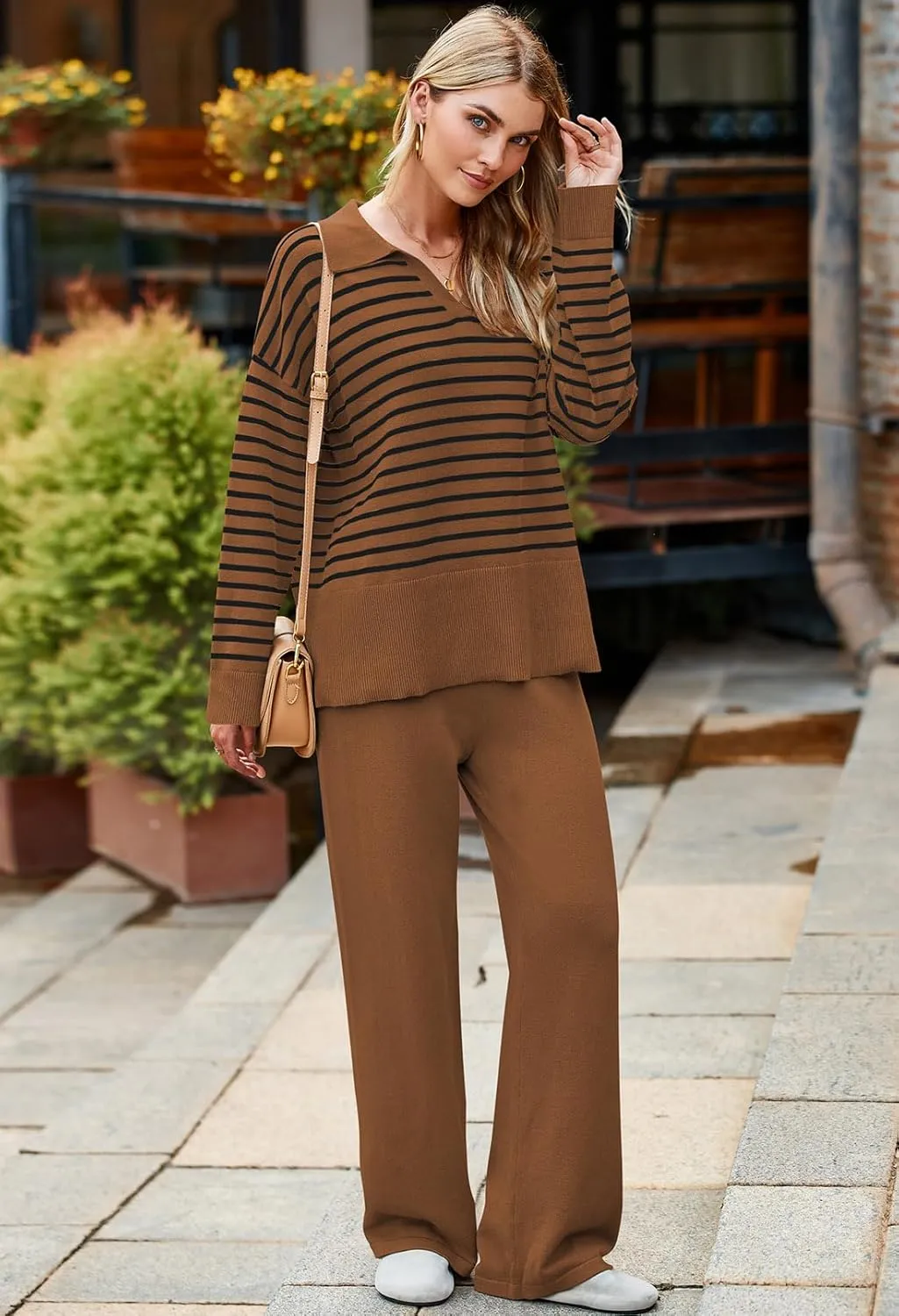 Pink Queen Sweater Sets for Women 2 Piece Long Sleeve Collar V Neck Sweatsuit Knitted Stripe Pajamas