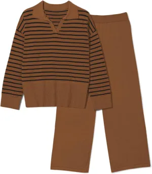 Pink Queen Sweater Sets for Women 2 Piece Long Sleeve Collar V Neck Sweatsuit Knitted Stripe Pajamas