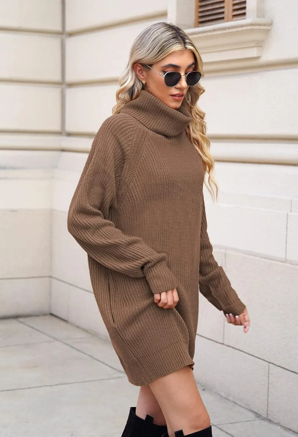 Pink Queen Women's Loose Turtleneck Oversize Long Pullover Sweater Dress