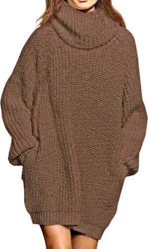 Pink Queen Women's Loose Turtleneck Oversize Long Pullover Sweater Dress