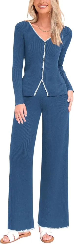 PRETTYGARDEN Women's 2 Piece Outfits 2024 Winter Knit Lounge Sets Long Sleeve Buttons Sweater Tops Wide Leg Pants Tracksuits