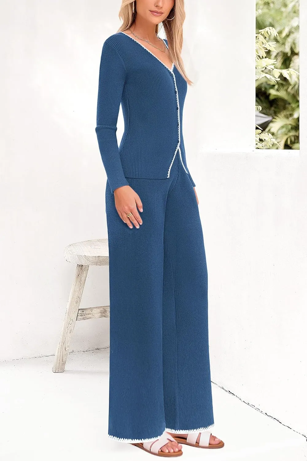 PRETTYGARDEN Women's 2 Piece Outfits 2024 Winter Knit Lounge Sets Long Sleeve Buttons Sweater Tops Wide Leg Pants Tracksuits