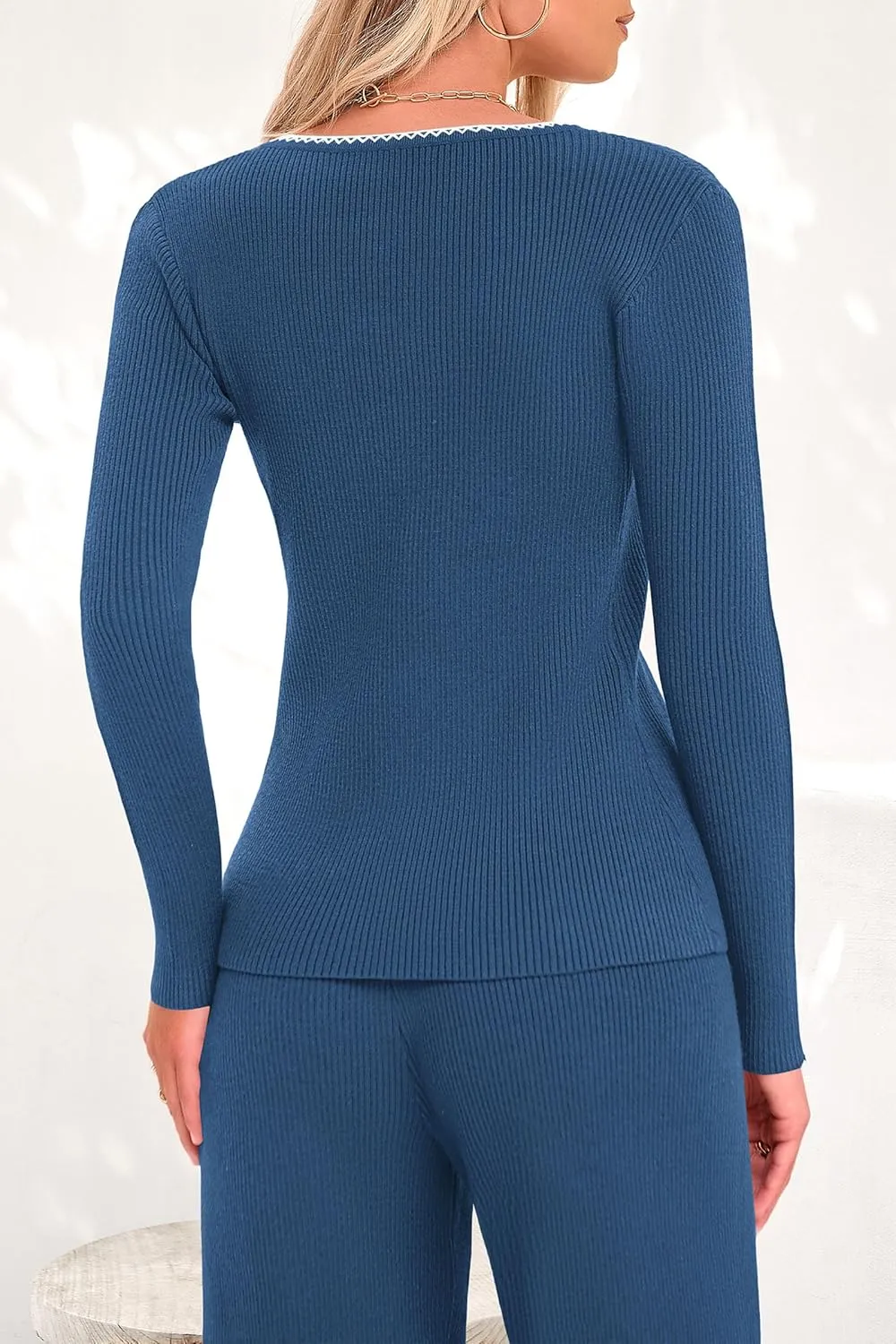 PRETTYGARDEN Women's 2 Piece Outfits 2024 Winter Knit Lounge Sets Long Sleeve Buttons Sweater Tops Wide Leg Pants Tracksuits