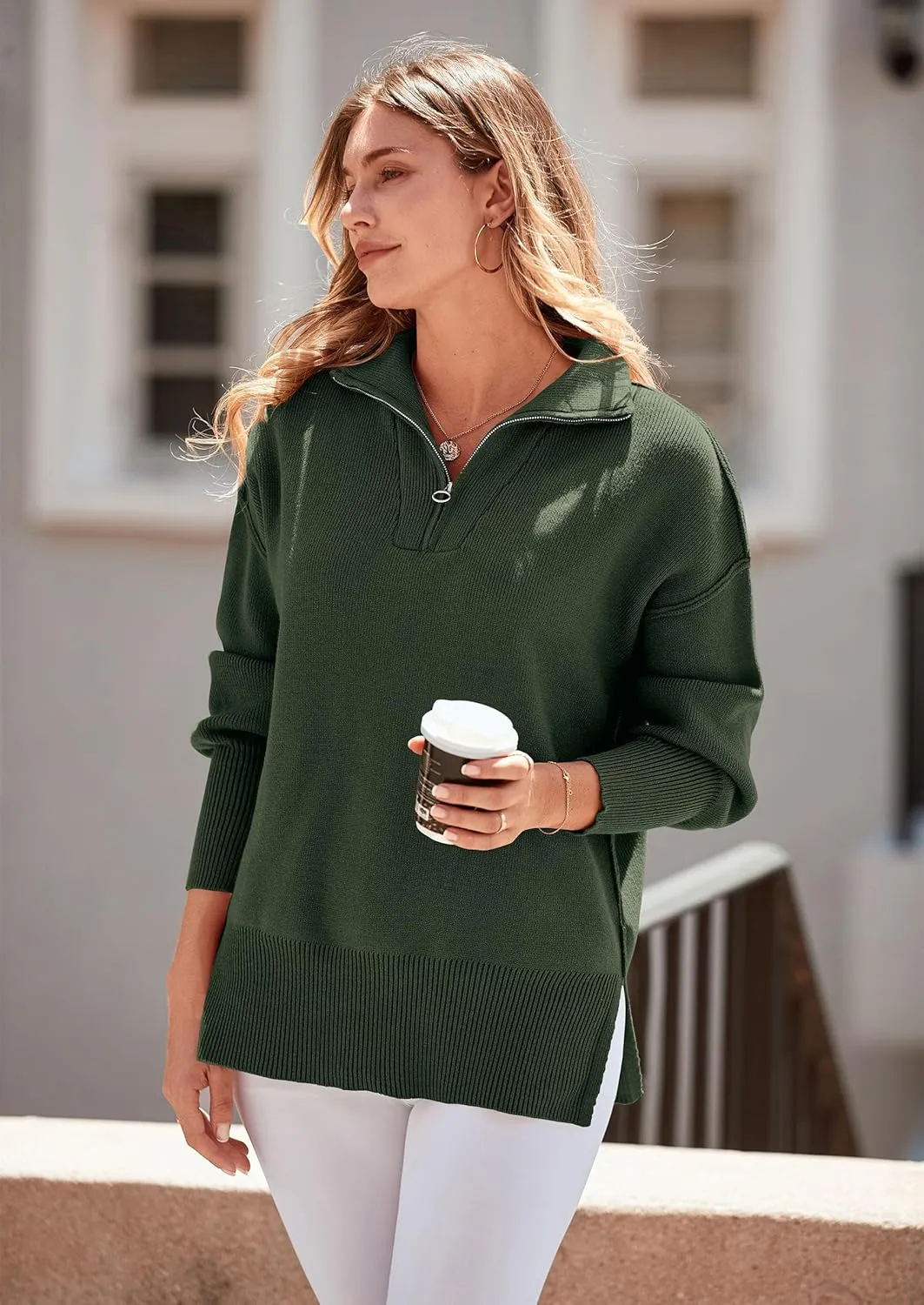PRETTYGARDEN Women's Fall Pullover Oversized Sweaters Casual Long Sleeve Zip Up Lapel V Neck Knitted Winter Tops