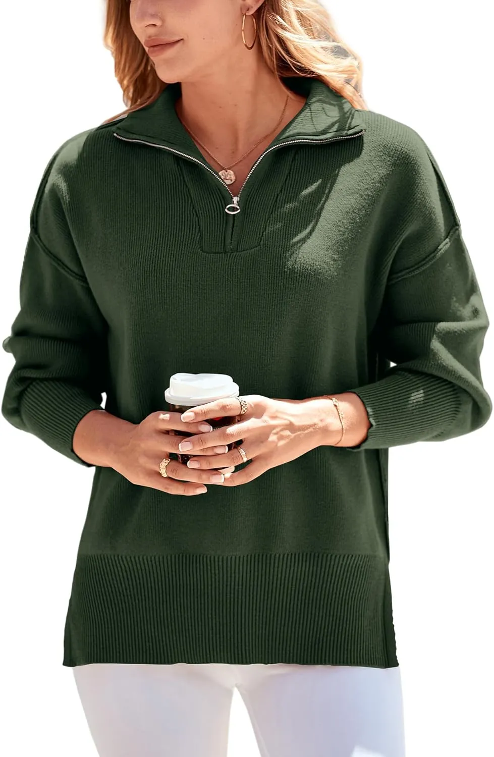 PRETTYGARDEN Women's Fall Pullover Oversized Sweaters Casual Long Sleeve Zip Up Lapel V Neck Knitted Winter Tops