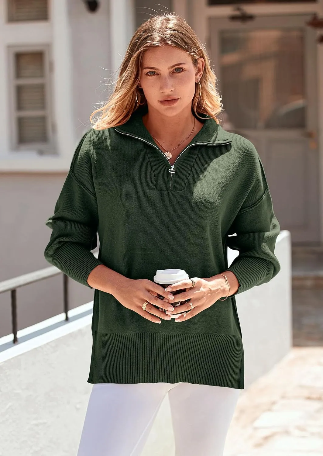 PRETTYGARDEN Women's Fall Pullover Oversized Sweaters Casual Long Sleeve Zip Up Lapel V Neck Knitted Winter Tops