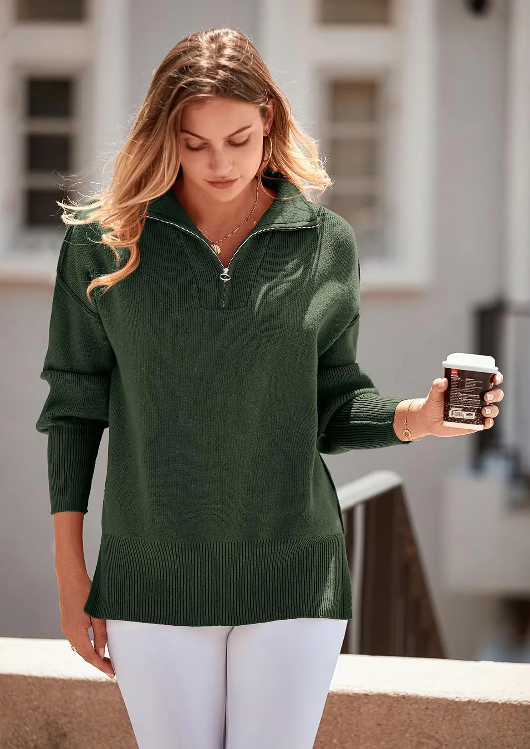 PRETTYGARDEN Women's Fall Pullover Oversized Sweaters Casual Long Sleeve Zip Up Lapel V Neck Knitted Winter Tops