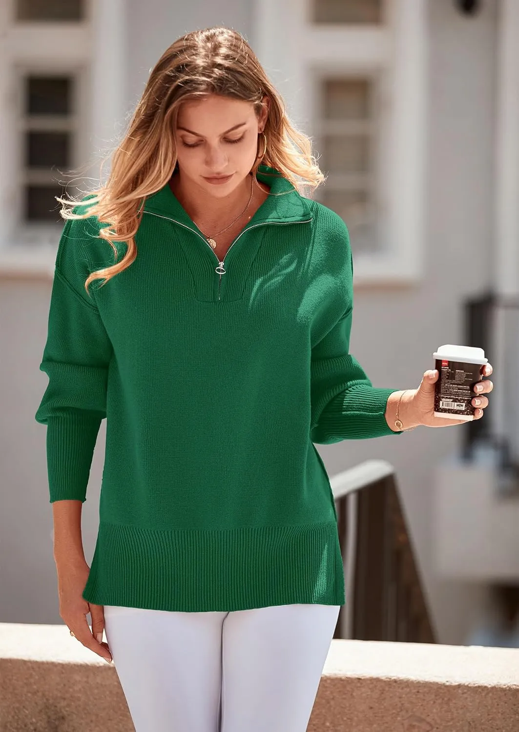 PRETTYGARDEN Women's Fall Pullover Oversized Sweaters Casual Long Sleeve Zip Up Lapel V Neck Knitted Winter Tops