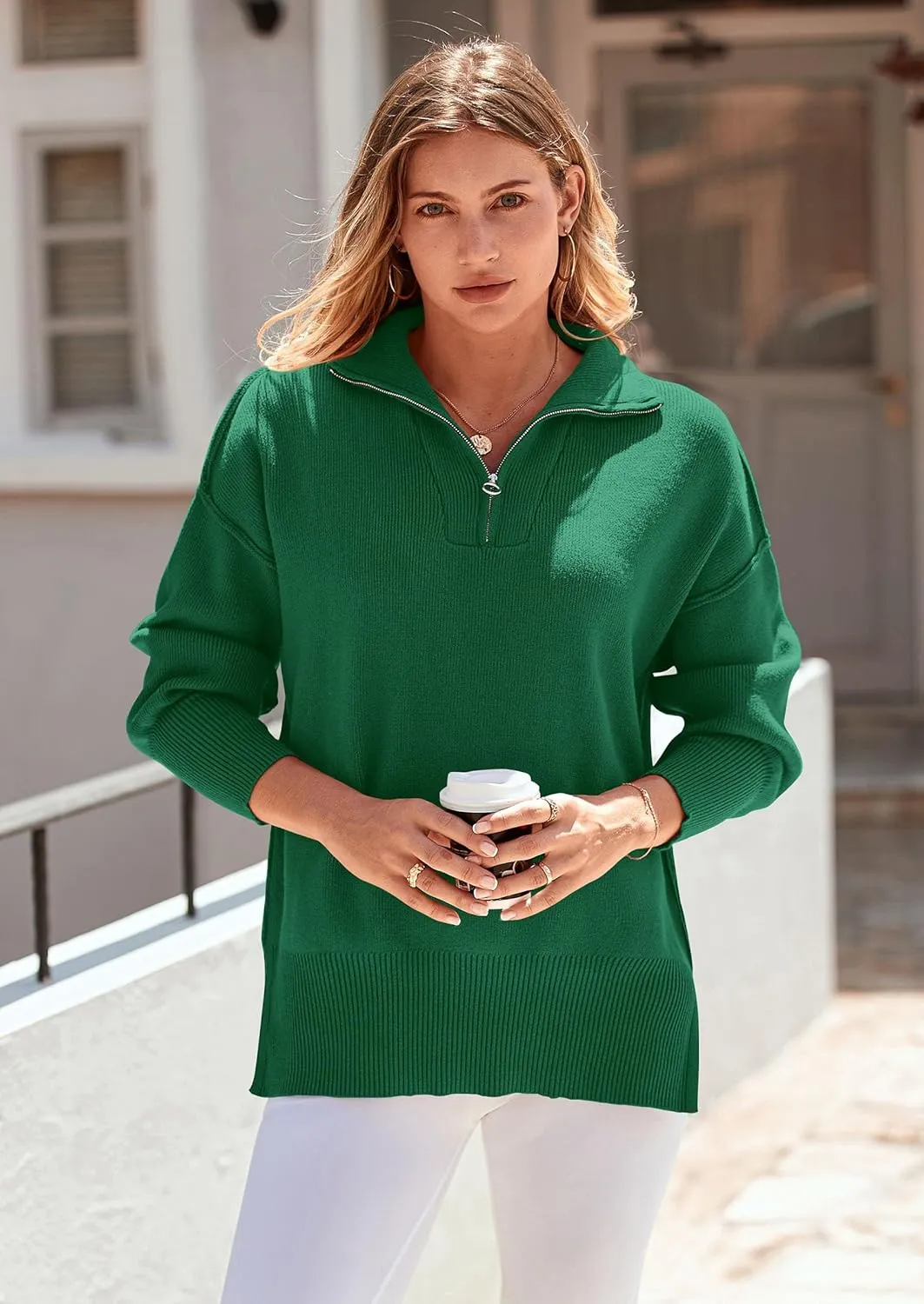 PRETTYGARDEN Women's Fall Pullover Oversized Sweaters Casual Long Sleeve Zip Up Lapel V Neck Knitted Winter Tops