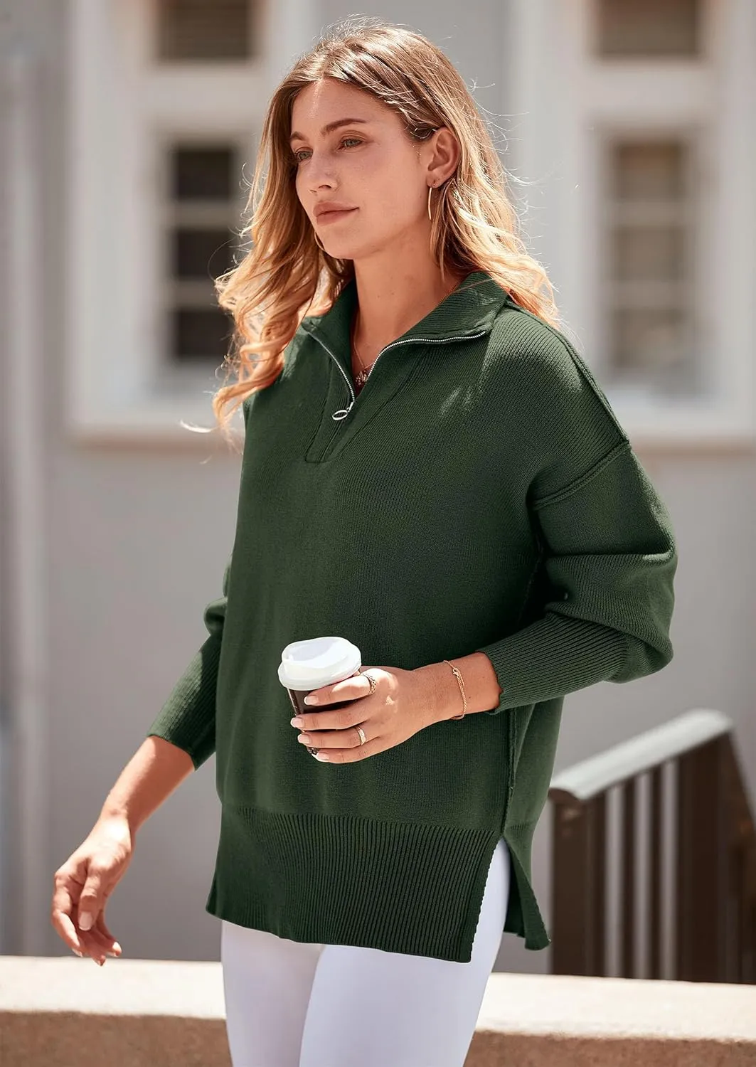 PRETTYGARDEN Women's Fall Pullover Oversized Sweaters Casual Long Sleeve Zip Up Lapel V Neck Knitted Winter Tops
