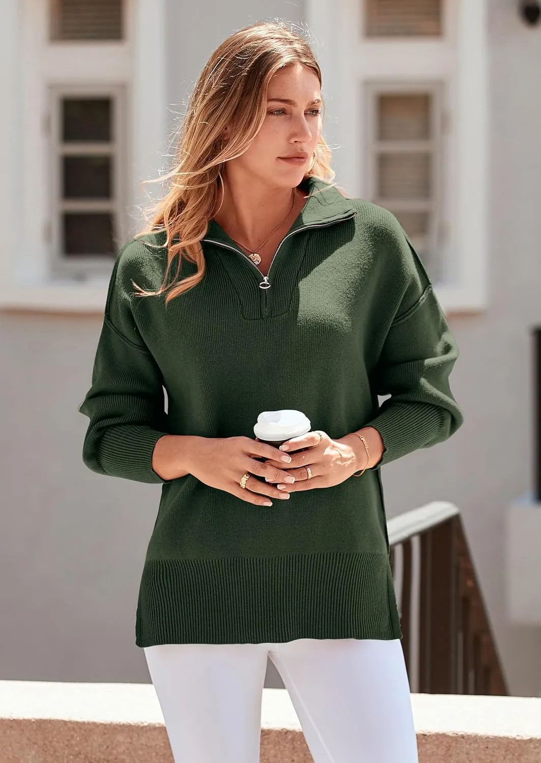 PRETTYGARDEN Women's Fall Pullover Oversized Sweaters Casual Long Sleeve Zip Up Lapel V Neck Knitted Winter Tops