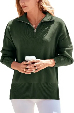 PRETTYGARDEN Women's Fall Pullover Oversized Sweaters Casual Long Sleeve Zip Up Lapel V Neck Knitted Winter Tops