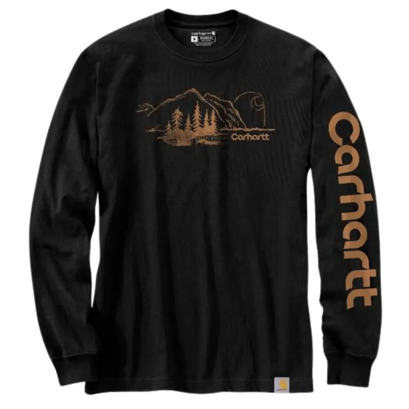 Relaxed Fit Heavyweight Long-Sleeve Mountain Graphic T-Shirt | Black
