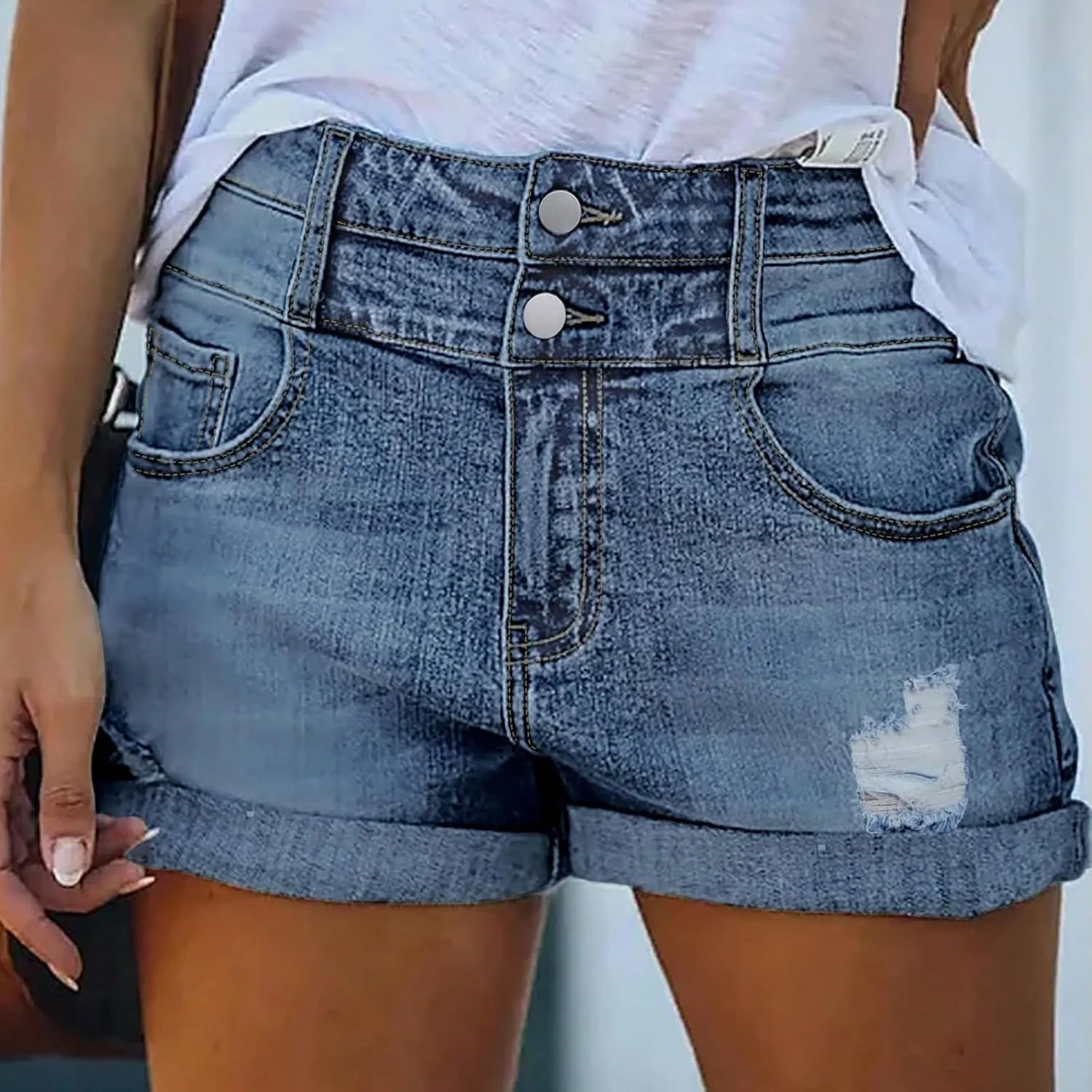 Ripped Jean Shorts Womens High Waisted Boxer Stretchy Denim Shorts Lounge Hot Trendy Jeans Jorts with Pockets