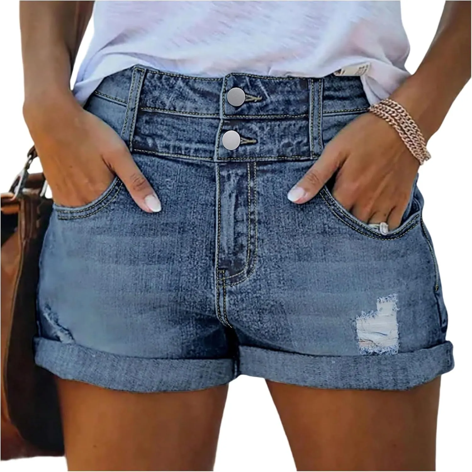 Ripped Jean Shorts Womens High Waisted Boxer Stretchy Denim Shorts Lounge Hot Trendy Jeans Jorts with Pockets
