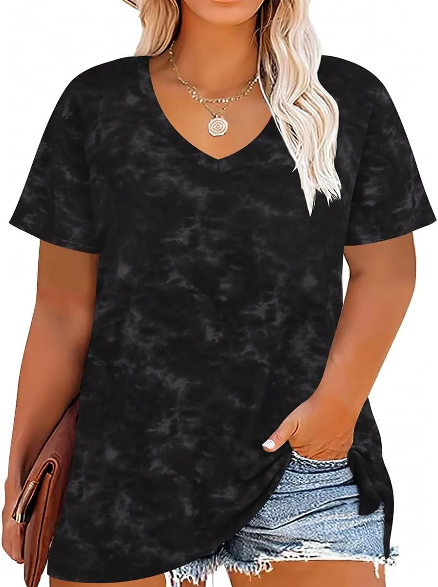 RITERA Plus Size Tops for Women Oversized Summer Basic V Neck Short Sleeve Henley Shirt Casual Tunic Shirts XL-5XL