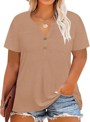 RITERA Plus Size Tops for Women V Neck Button Up Short Sleeve Henley Tshirt Casual Blouse Pullover Basic 12W 14W XL-5XL