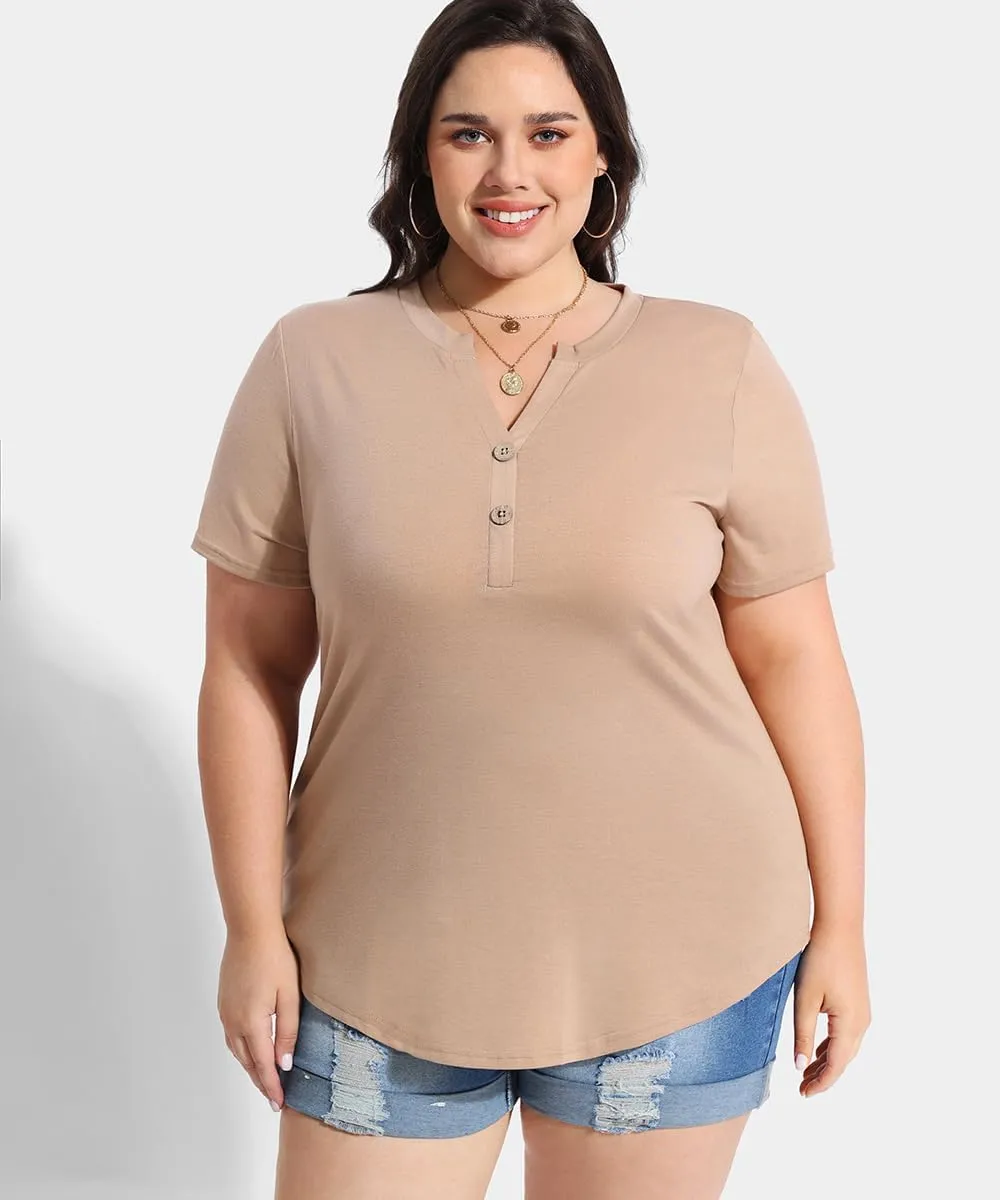 RITERA Plus Size Tops for Women V Neck Button Up Short Sleeve Henley Tshirt Casual Blouse Pullover Basic 12W 14W XL-5XL