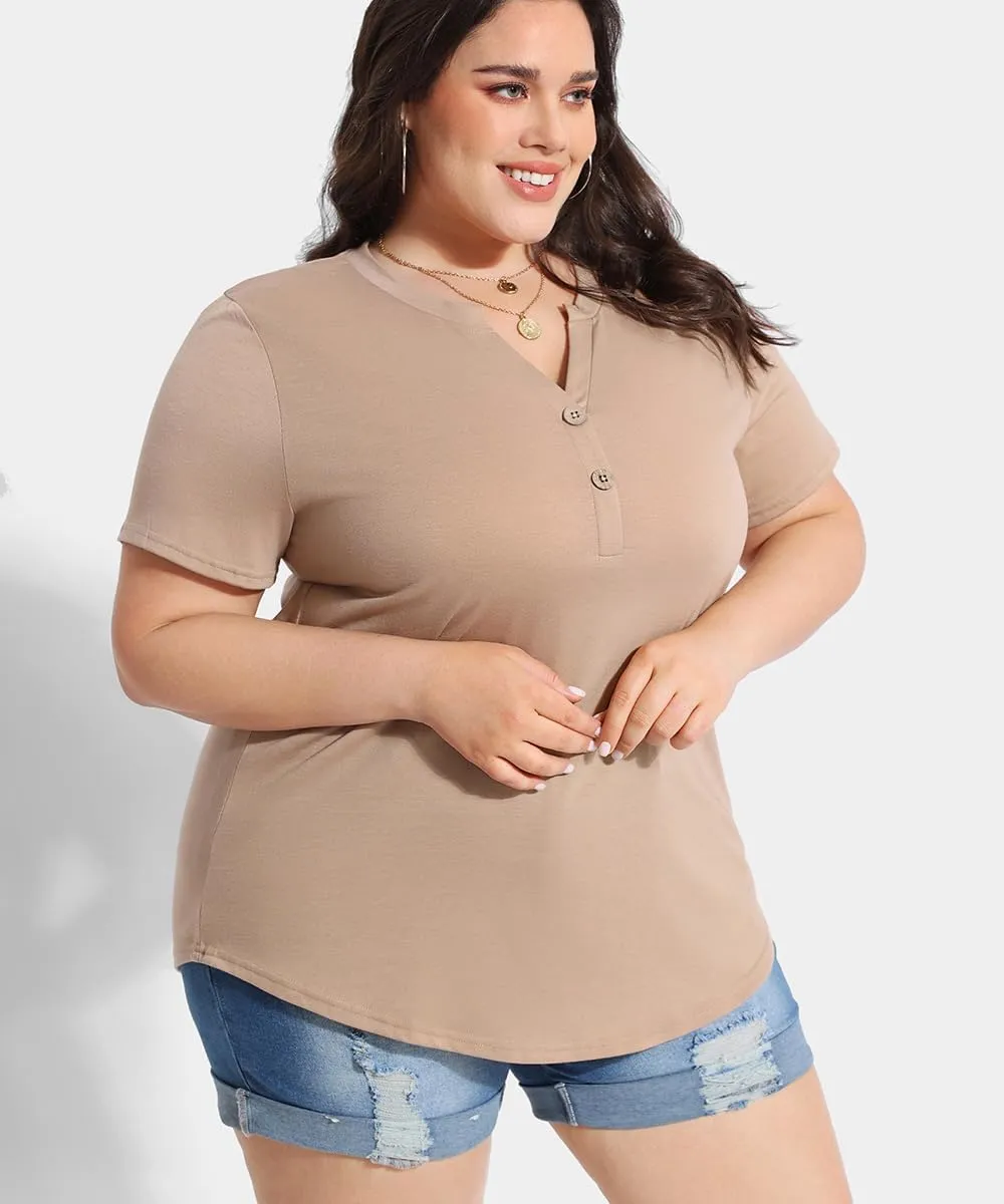RITERA Plus Size Tops for Women V Neck Button Up Short Sleeve Henley Tshirt Casual Blouse Pullover Basic 12W 14W XL-5XL
