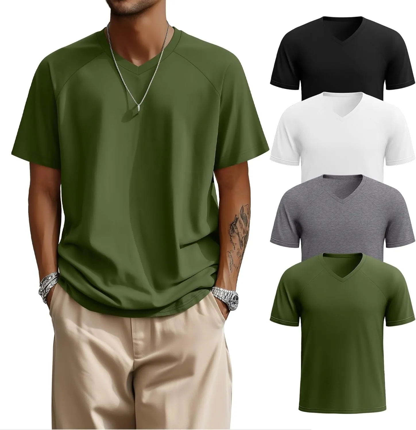 Riyiper 4 Pack Men's Big and Tall V Neck T-Shirts, Raglan Short Sleeve 30% Cotton Oversized Top Casual Summer Basic Tee