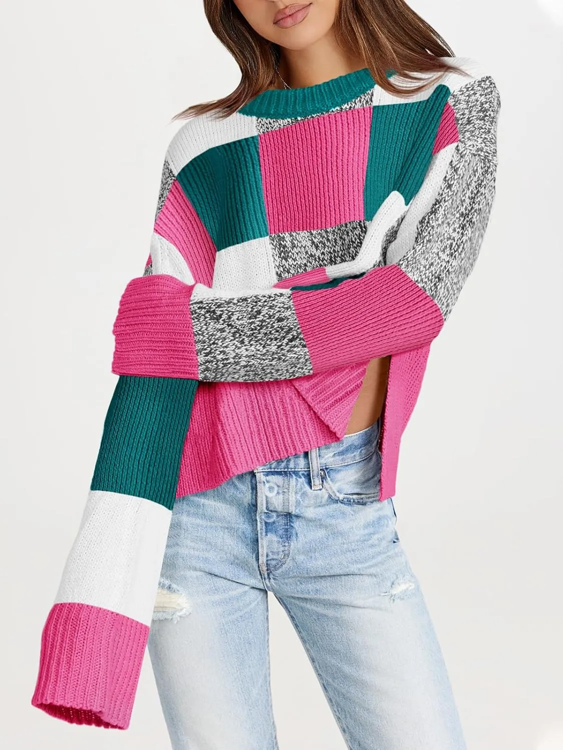 Saodimallsu Womens Checkered Sweater Cropped Oversized Trendy Fall Crew Neck Color Block Pullover Sweaters