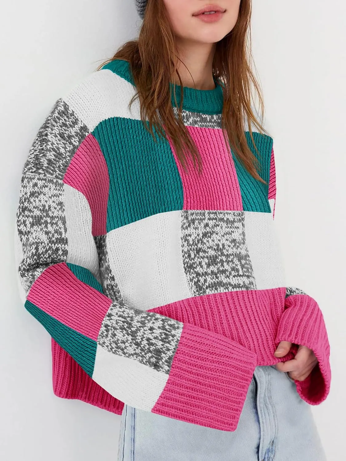 Saodimallsu Womens Checkered Sweater Cropped Oversized Trendy Fall Crew Neck Color Block Pullover Sweaters