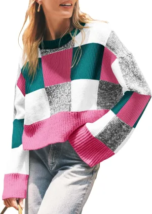 Saodimallsu Womens Checkered Sweater Cropped Oversized Trendy Fall Crew Neck Color Block Pullover Sweaters