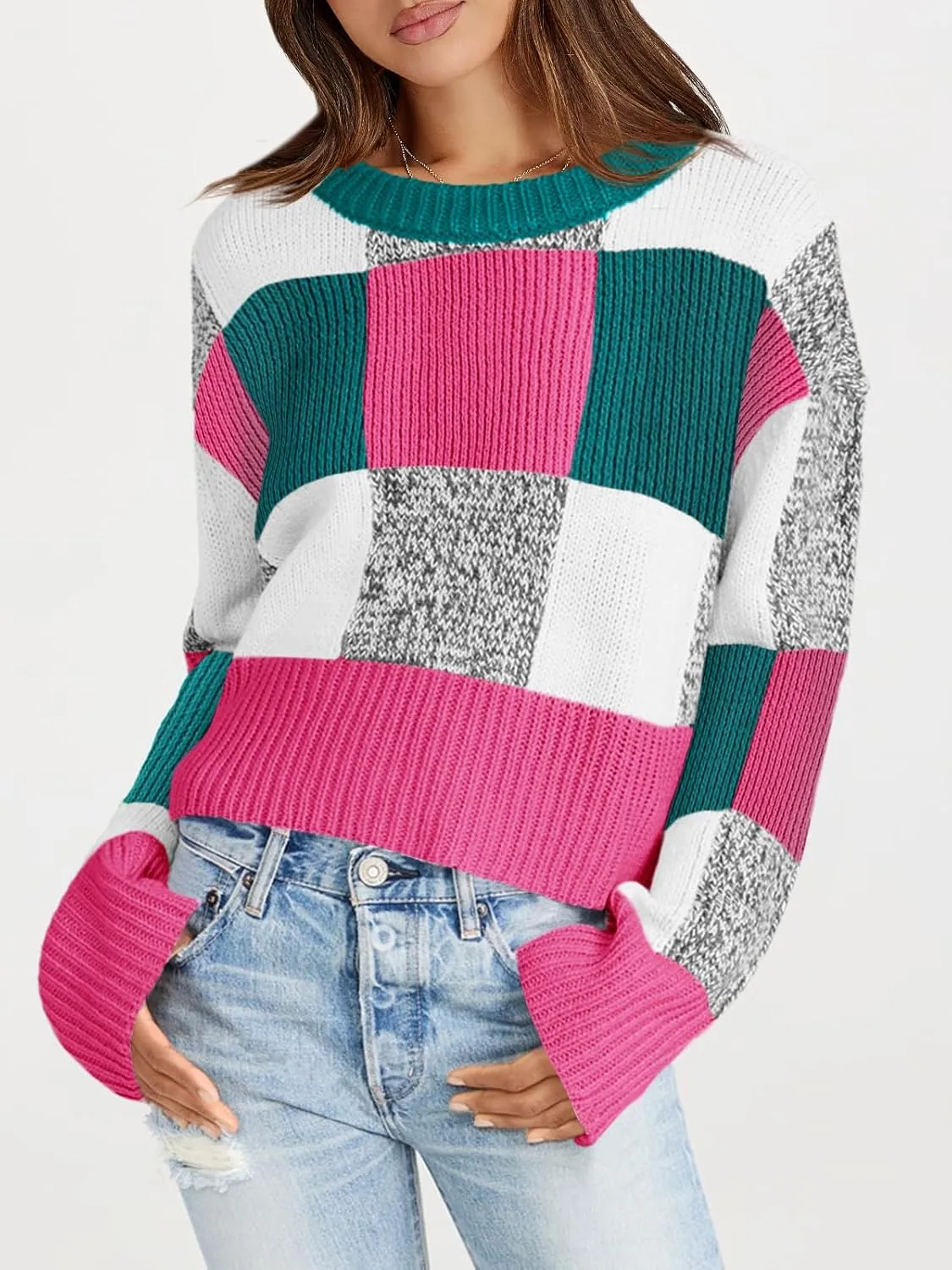 Saodimallsu Womens Checkered Sweater Cropped Oversized Trendy Fall Crew Neck Color Block Pullover Sweaters