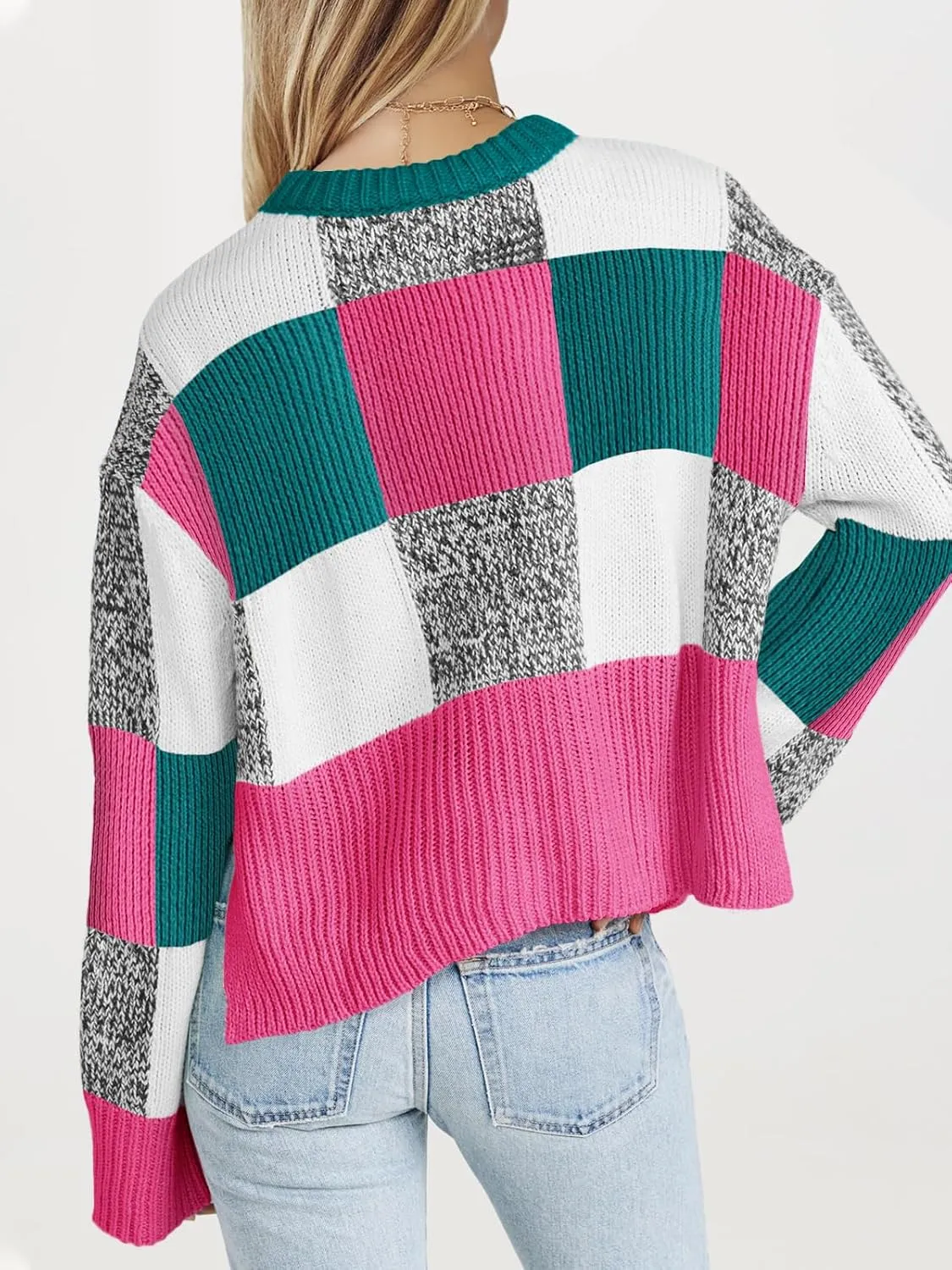 Saodimallsu Womens Checkered Sweater Cropped Oversized Trendy Fall Crew Neck Color Block Pullover Sweaters