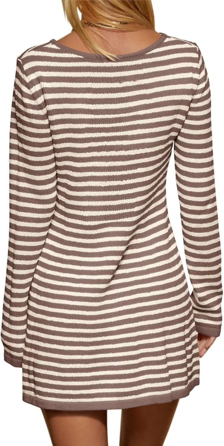Saodimallsu Womens Striped Pullover Sweater Crew Neck Fall Long Sleeve Trendy Casual Ribbed Knit Tunic Mini Dress