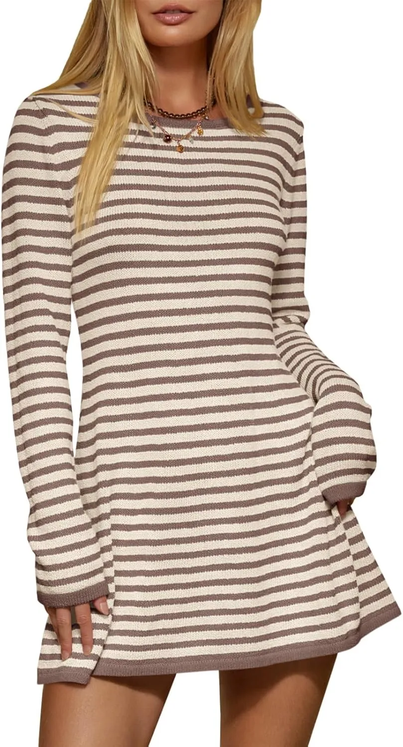Saodimallsu Womens Striped Pullover Sweater Crew Neck Fall Long Sleeve Trendy Casual Ribbed Knit Tunic Mini Dress