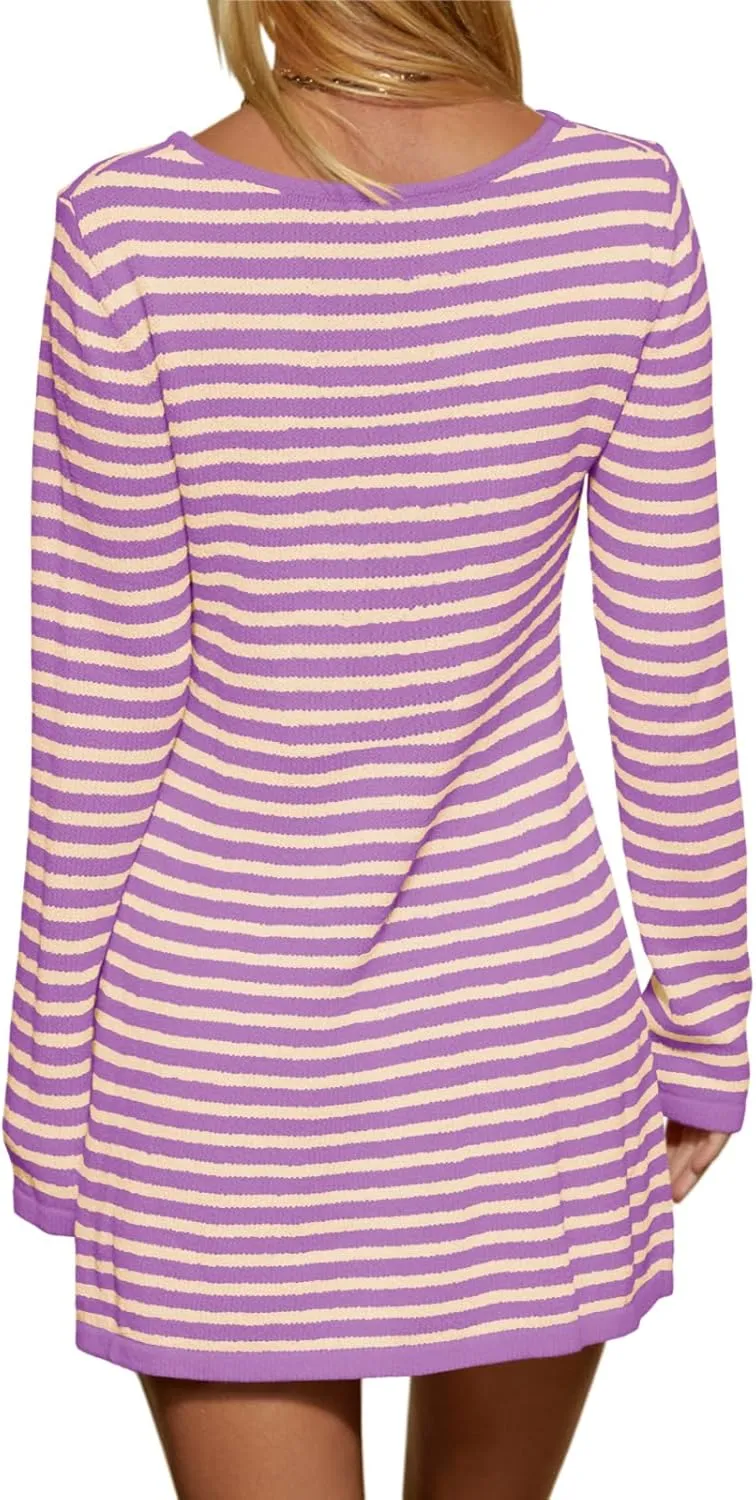 Saodimallsu Womens Striped Pullover Sweater Crew Neck Fall Long Sleeve Trendy Casual Ribbed Knit Tunic Mini Dress