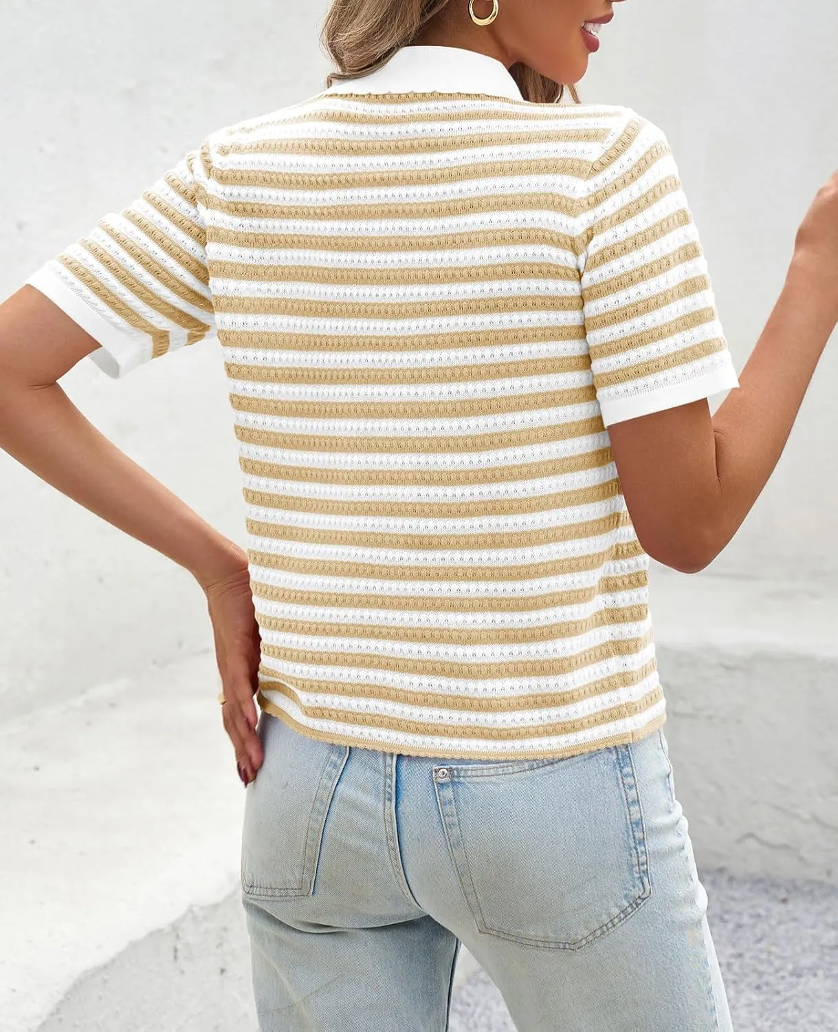 Saodimallsu Womens Striped Short Sleeve Sweater Tops Polo Collared Button Crochet Summer Cropped Cardigan