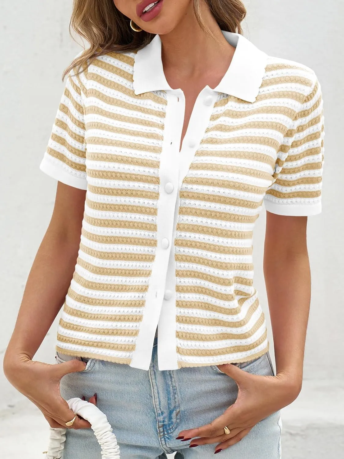 Saodimallsu Womens Striped Short Sleeve Sweater Tops Polo Collared Button Crochet Summer Cropped Cardigan